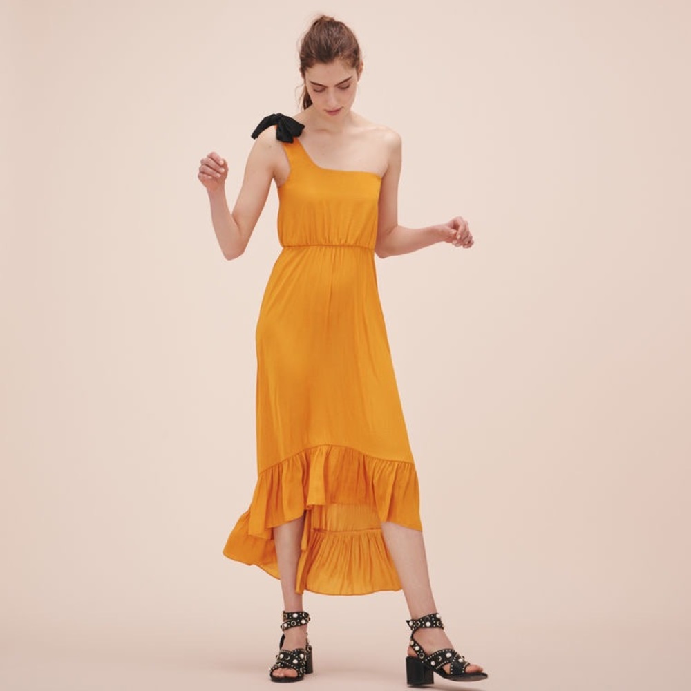 Maje Rasti One-Shoulder Satin Midi Dress in Yellow - Picture 2 of 12